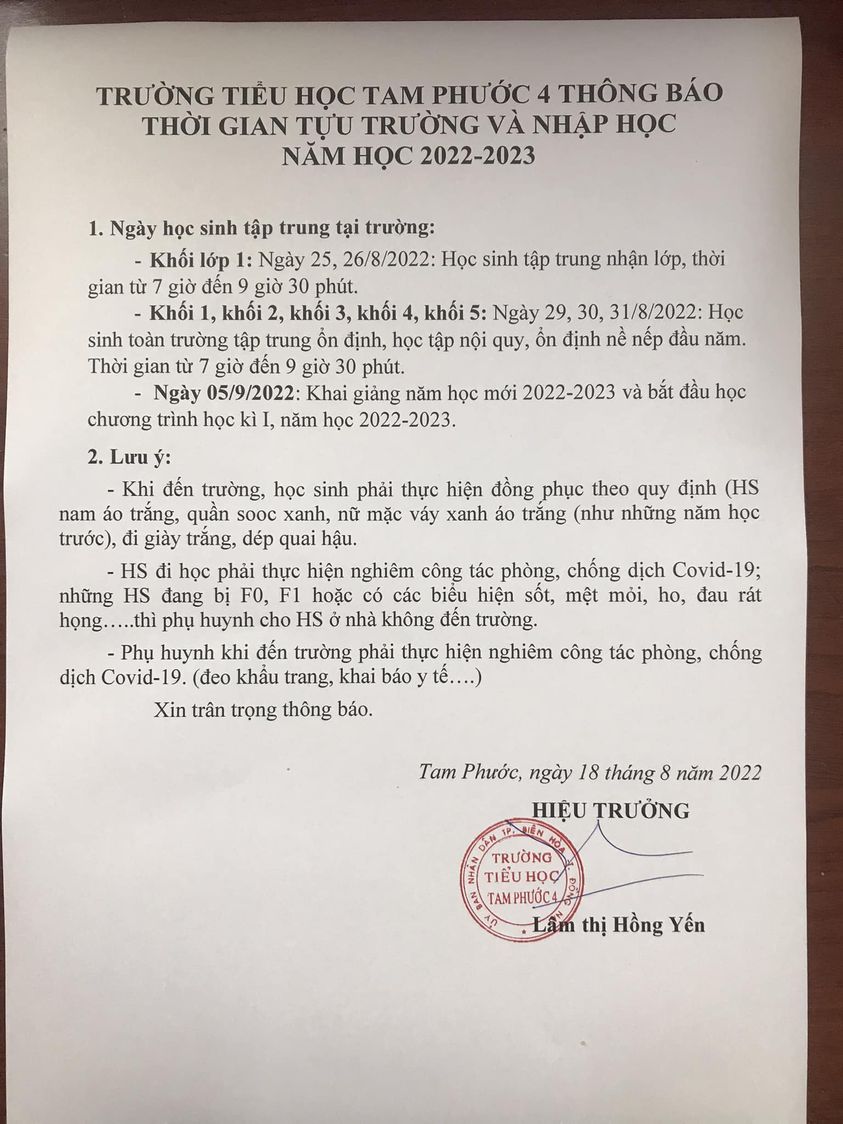 Thông báo lịch tựu trường năm học 2022-2023.